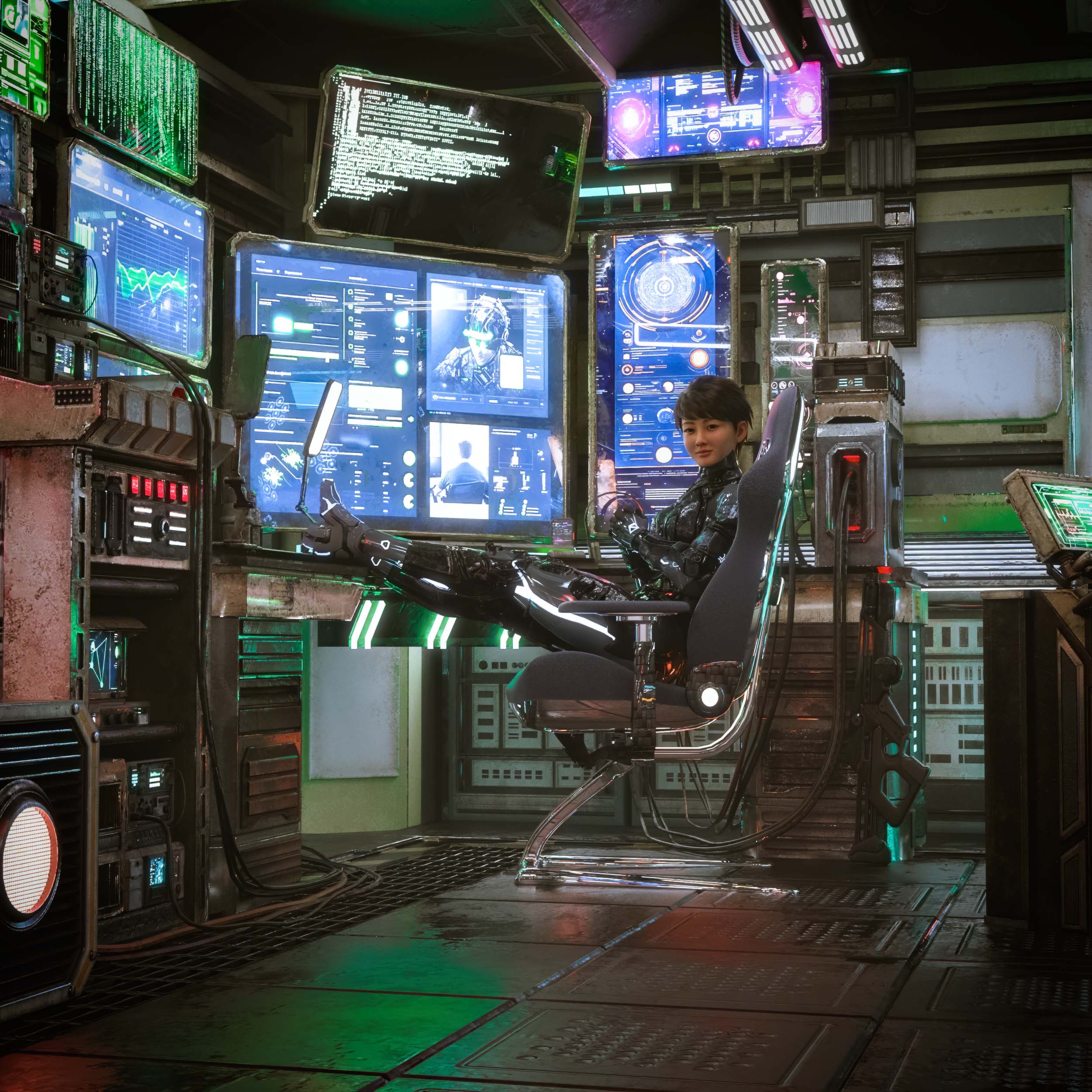 Cyberpunk Girl in einem Cyber Hacker Raum