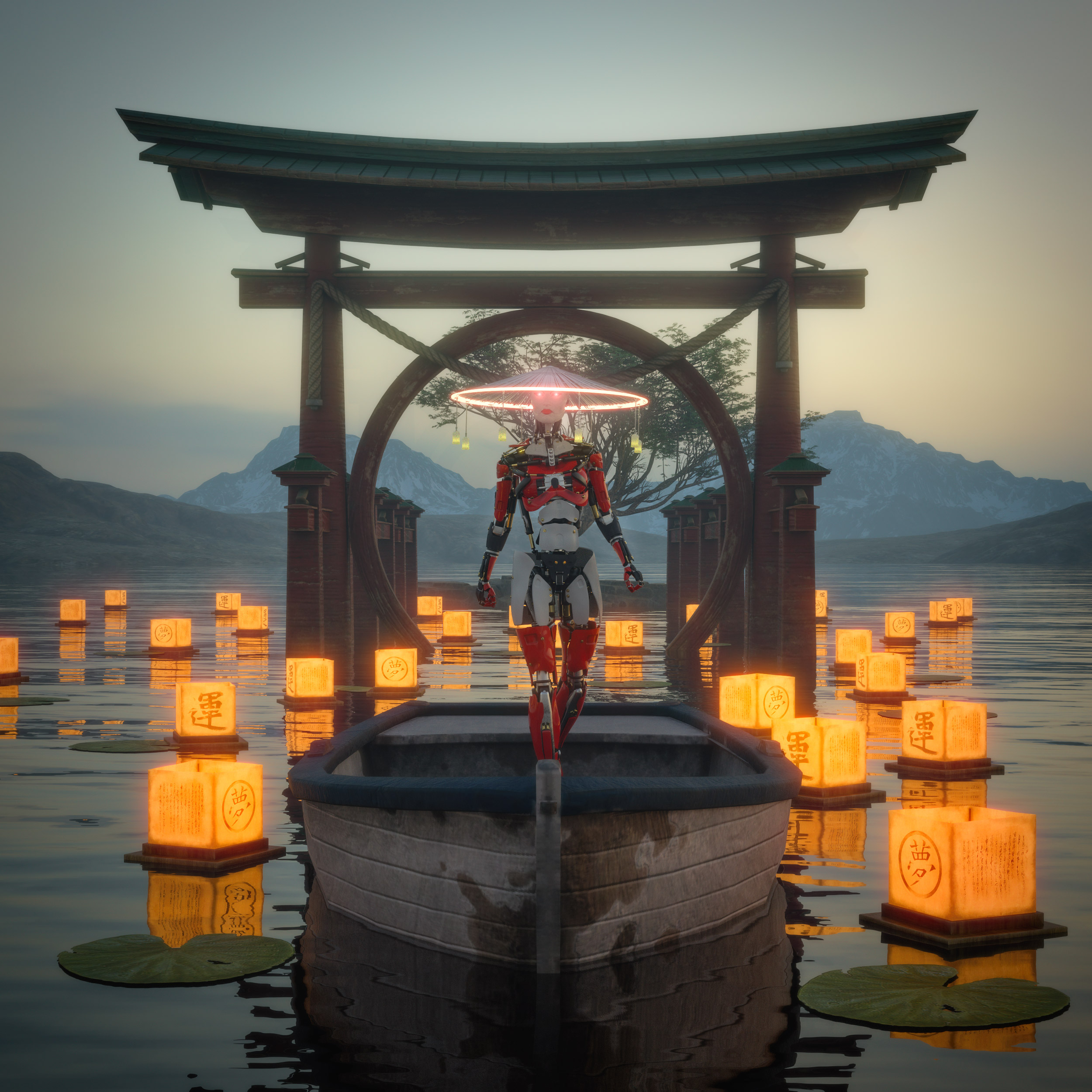 Roboter auf einem Boot in einem See vor einem roten, japanischen Tor, Papierlaternen schwimmen auf dem Wasser