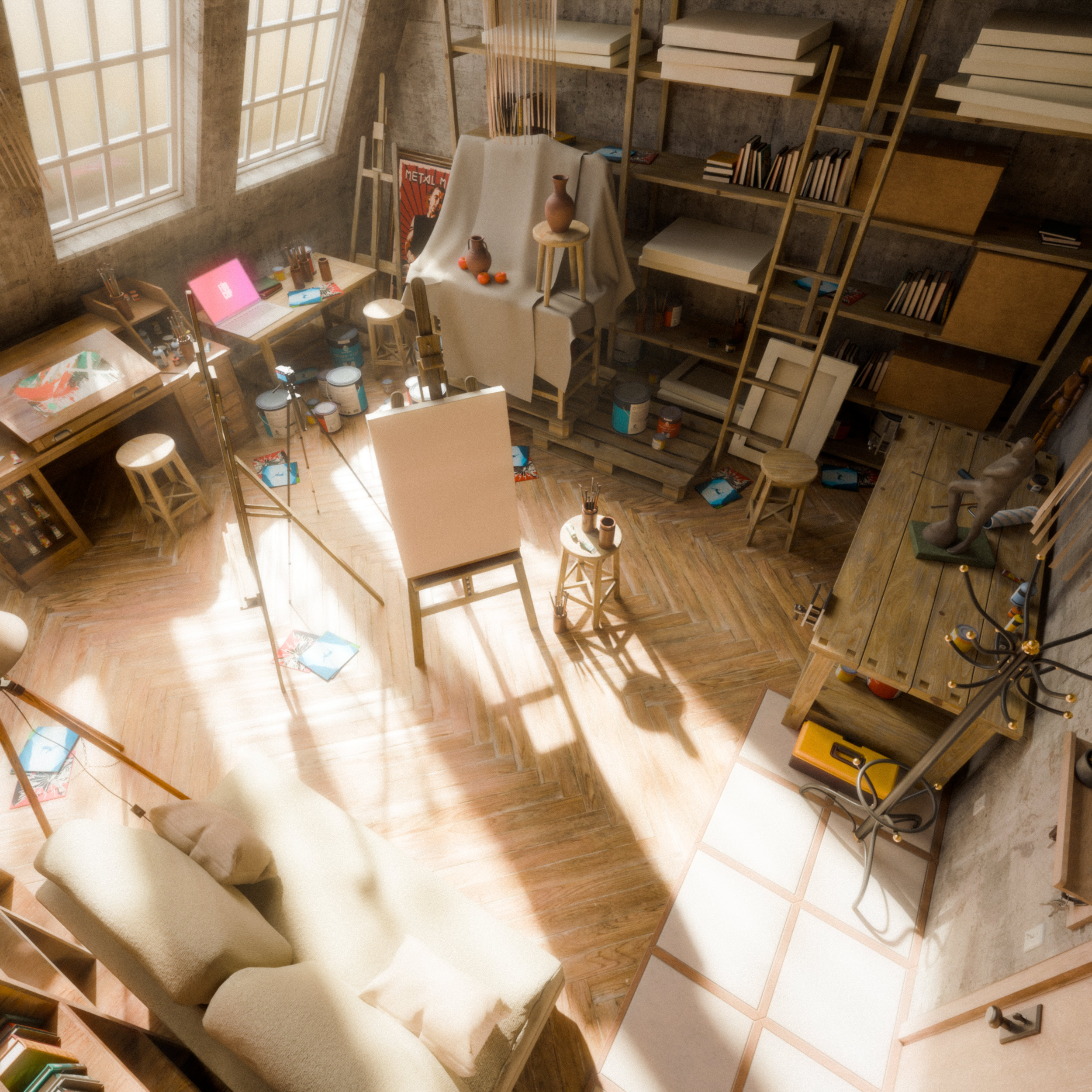 Render eines Künstlerstudios. Blick von oben