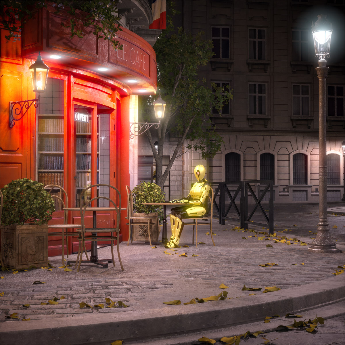 Goldener Roboter sitzt in der Nacht vor einem roten Café