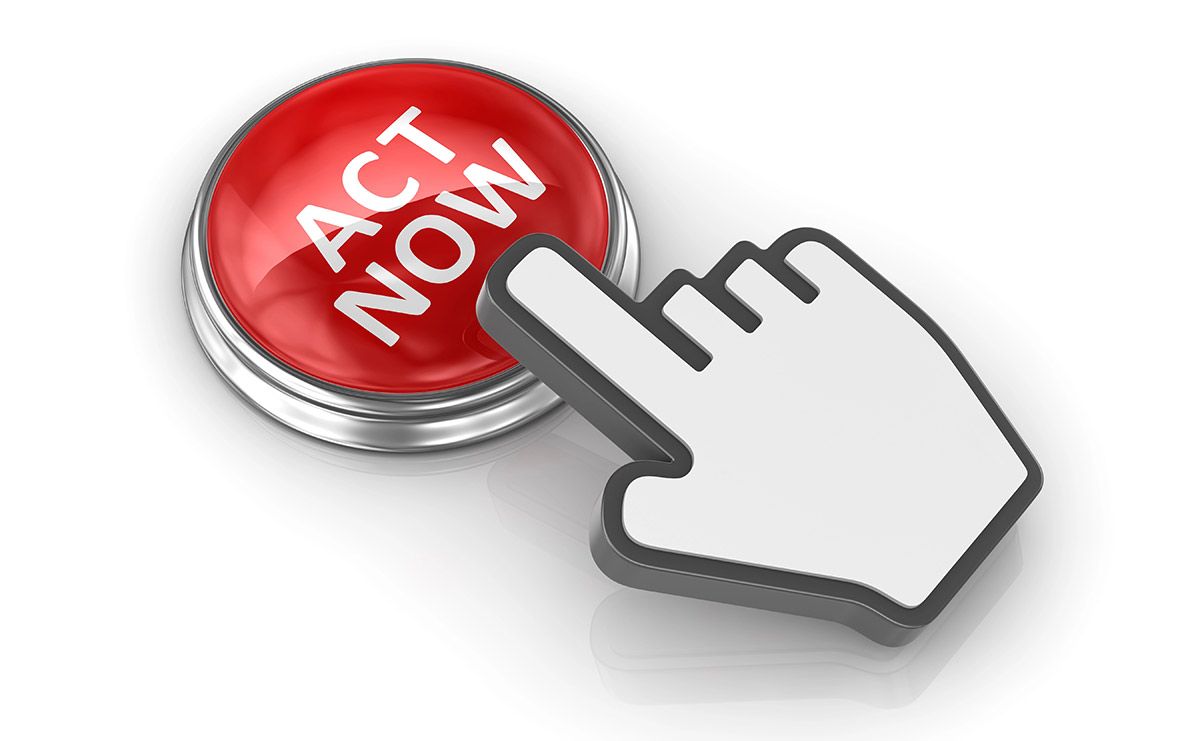 Computergenerierte stilisierte Hand rückt "Act Now"-Button, reine Deko