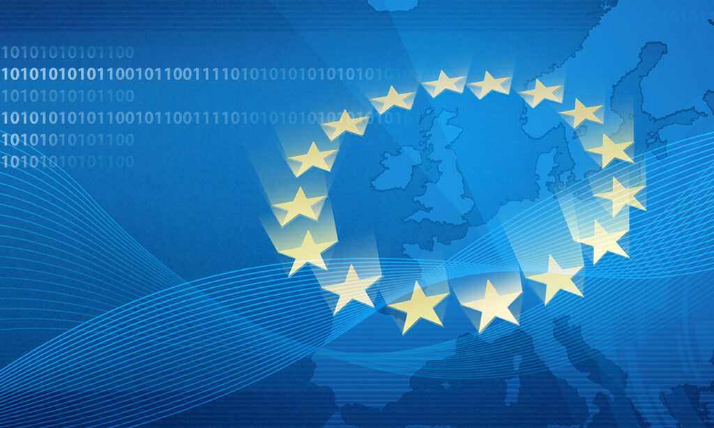Kreis Europäische Sterne, stilisierte Karte und binäre Zahlen, blau, reine Deko