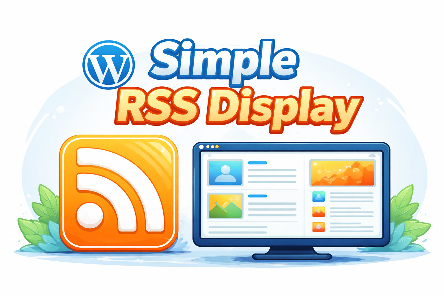 Logo_header_simple_rss_display Logo simple_rss_display, Links RSS-Logo, rechts Bildschirm mit stilisiertem Inhalt, darüber der Titel des Plugins und links davon ein Wordpress-Logo