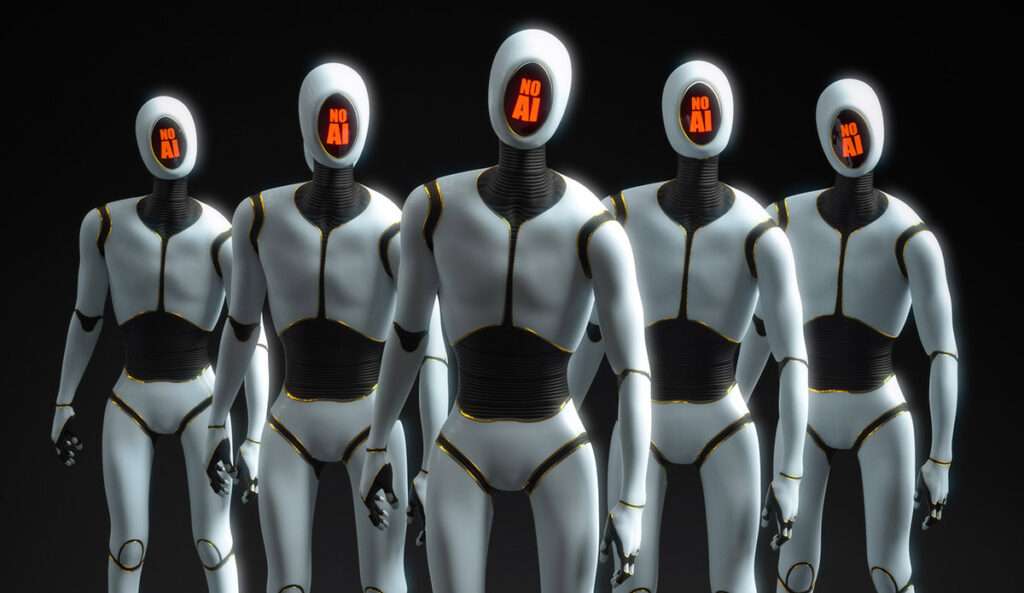 mehrere identische weißglänzende humanoide Roboter, die auf einem Gesichtsbildschirm "NO AI" stehen haben.