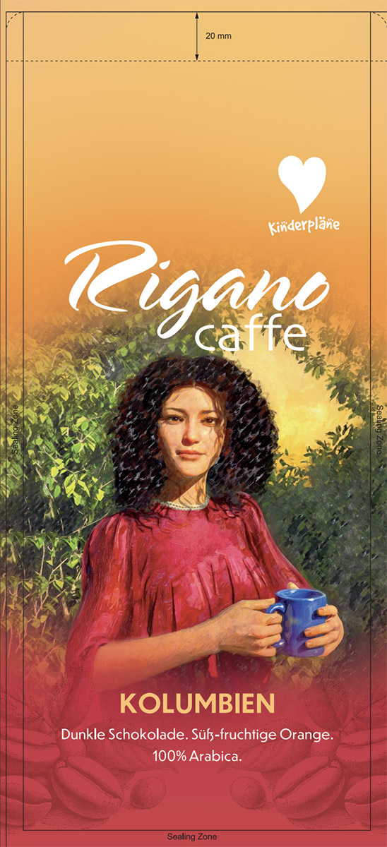 Verpackungsdesign Rigano Caffé Kolumbien – Pop-Art-Illustration einer jungen Frau mit roter Bluse und blauer Kaffeetasse vor Dschungel, erstellt in DAZ Studio und Photoshop