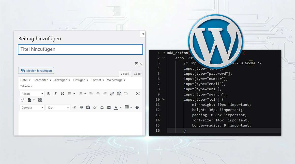 Deko: Backend-Elemente von WP und ein Code-Editor