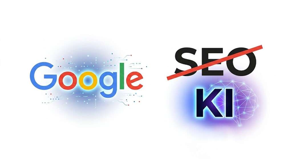 Google Logo, rechts daneben das Wort SEO durchgestrichen, darunter das Wort KI