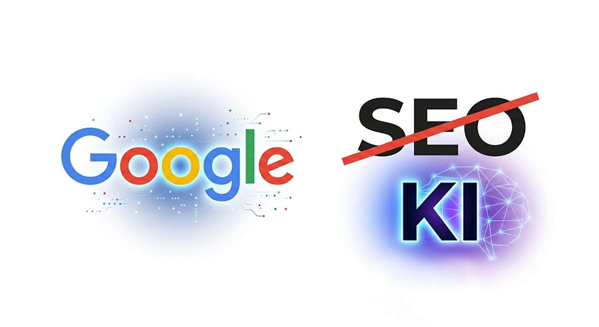 Google Logo, rechts daneben das Wort SEO durchgestrichen, darunter das Wort KI