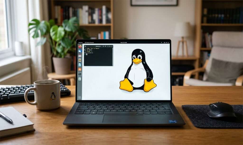 Notebook auf Tisch, auf dem Bildschirm ist das Linux-.Maskottchen tux zu sehen