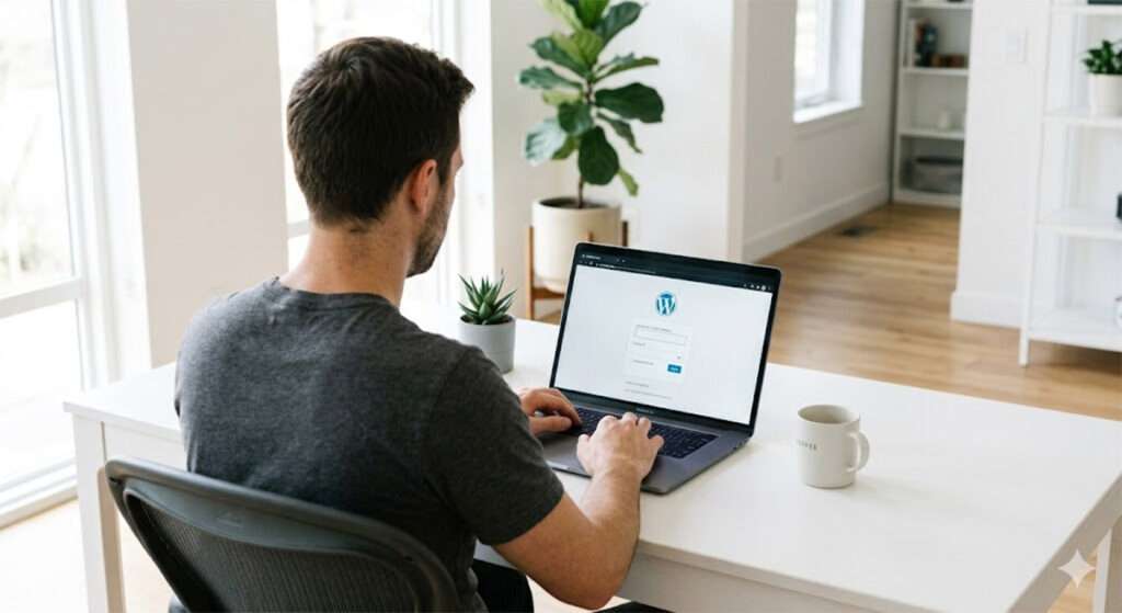 Deko: Mann sitzt in Küche am Laptop, darauf das Wordpress-Logo zu sehen