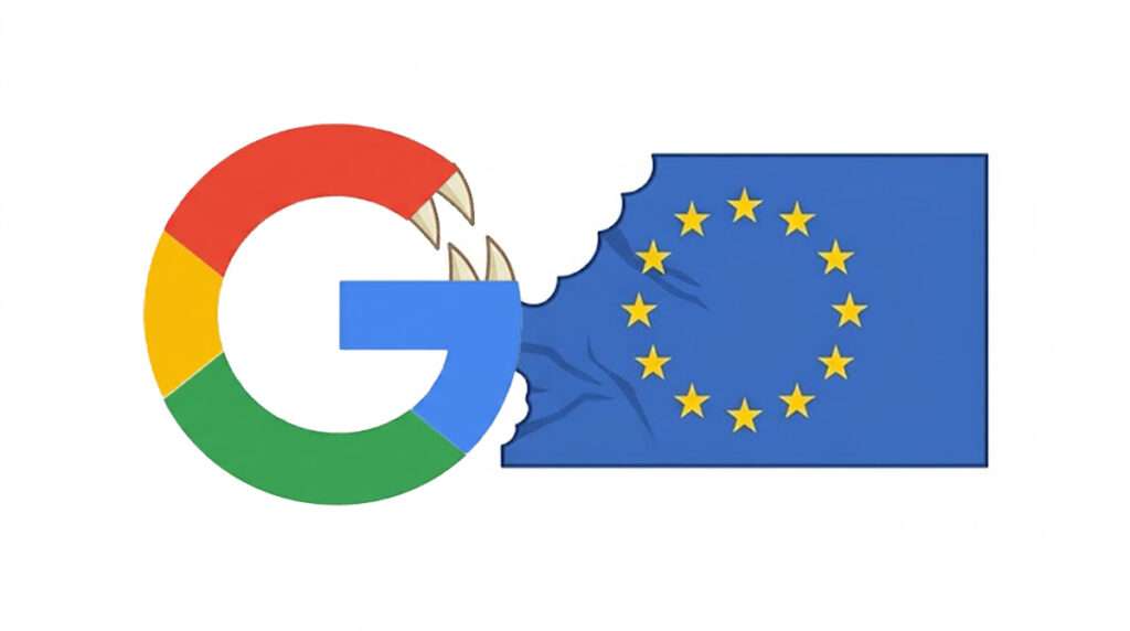 Google-G mit Zähnen knabbert an EU-Flagge