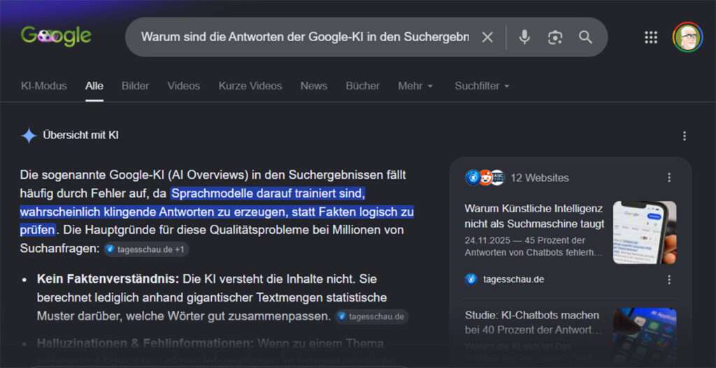 Screenshot KI Ergebnisse Google Suche