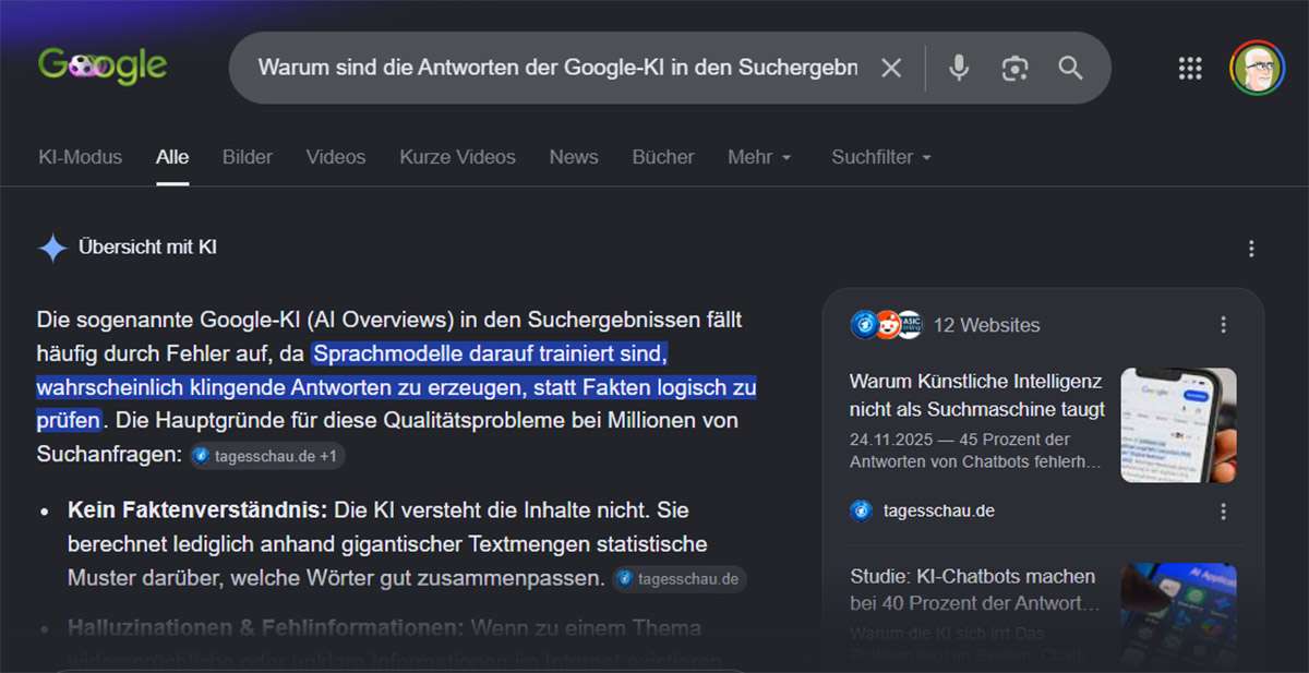 Screenshot KI Ergebnisse Google Suche