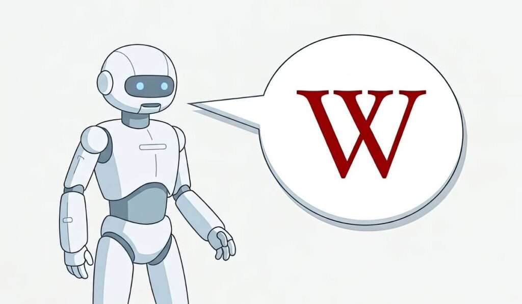 Links stilisierter Roboter, rechts von hm eine Sprechblase mit einem roten "W" darin