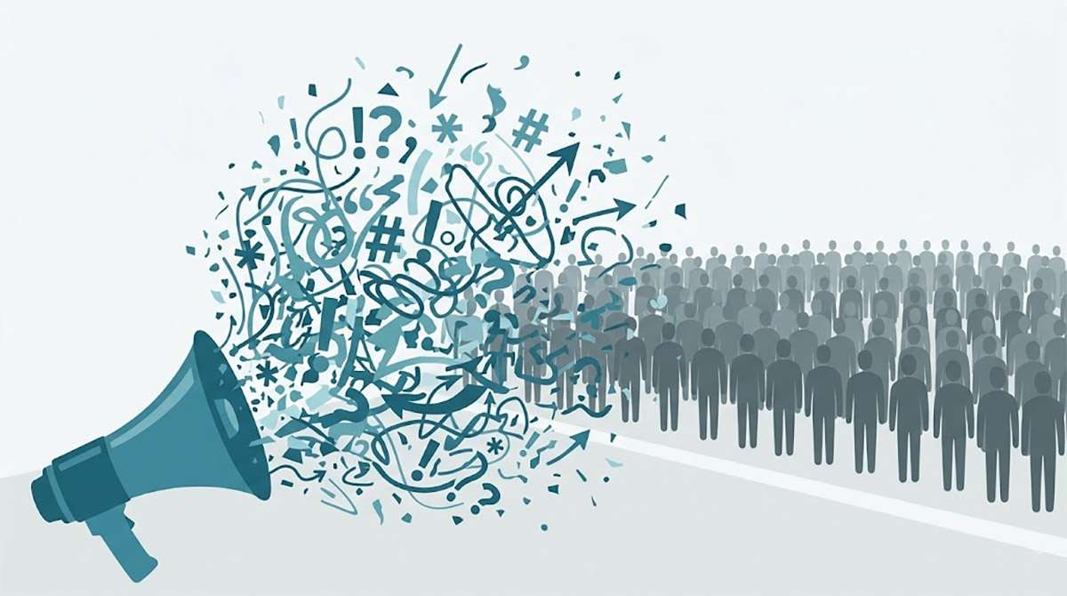 Stilisierte Illustration: Ein Megafon links erzeugt einen großen, chaotischen Schwall aus Sonderzeichen, Pfeilen und Symbolen. Rechts steht eine große, ruhige Menschenmenge in gedämpften Grautönen.