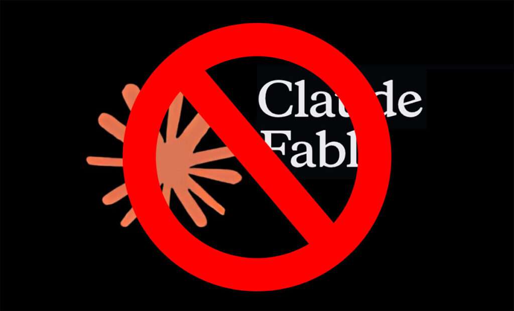 Verbotsverkehrsschild über Anthropic-Logo und "Claude Fable"-Schriftzug