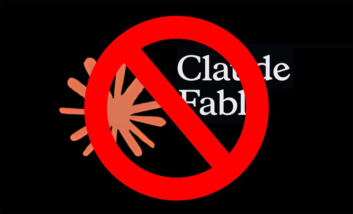 Verbotsverkehrsschild über Anthropic-Logo und "Claude Fable"-Schriftzug