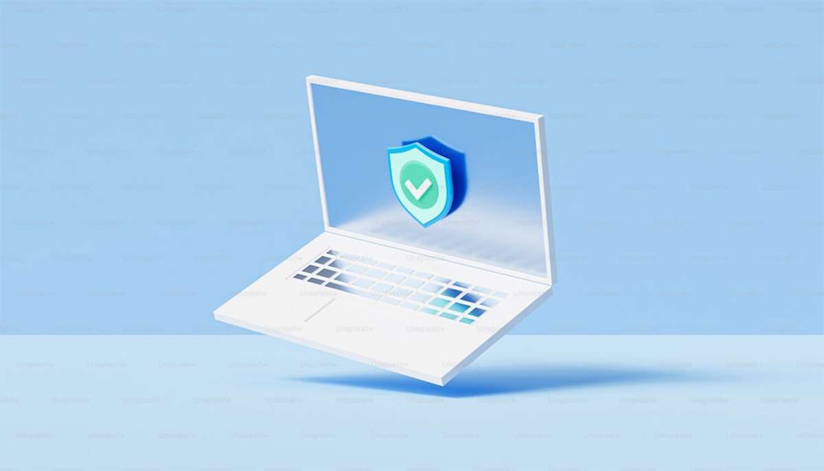 StilisierterLaptop_mit_Sicherheitssymbol_auf_Schirm