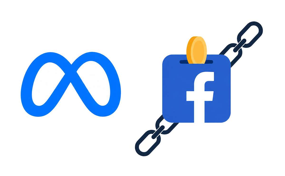 Links Meta Logo, rechts daneben Facebook-Logo mit Münzeinwurf, Kette dahinter